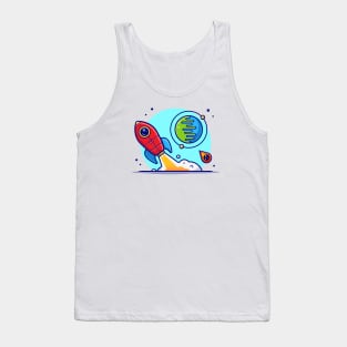 Rocket Taking Off with Planet and Meteorite Cartoon Vector Icon Illustration Tank Top